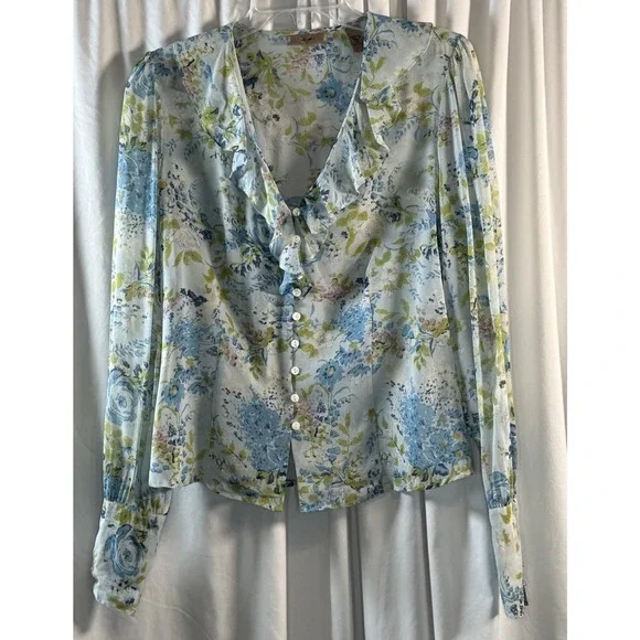 I.E.‎ Blue Green Floral Silk Ruffle V-Neck Button Down Top 10 Cottagecore 79-42 - Picture 13 of 14